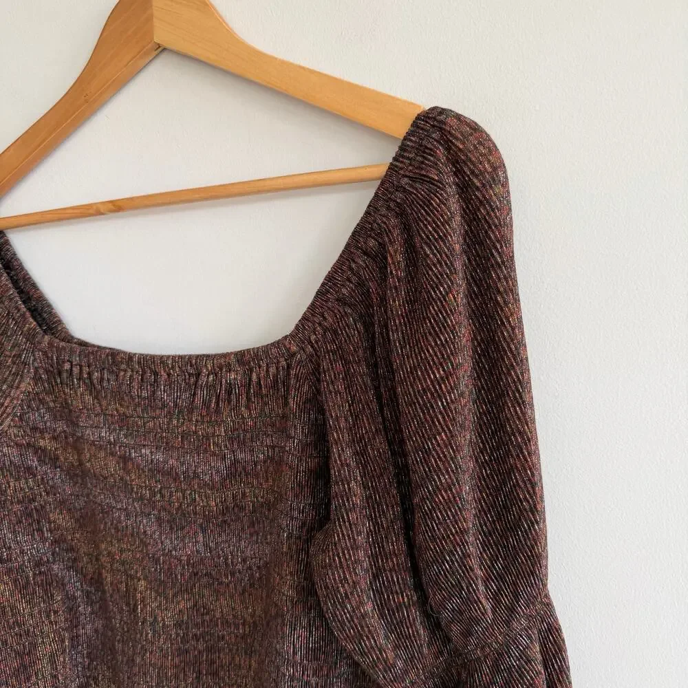 Anthropologie Bishop Smocked Metallic Shimmer Bell Sleeve Cropped Blouse Brown M